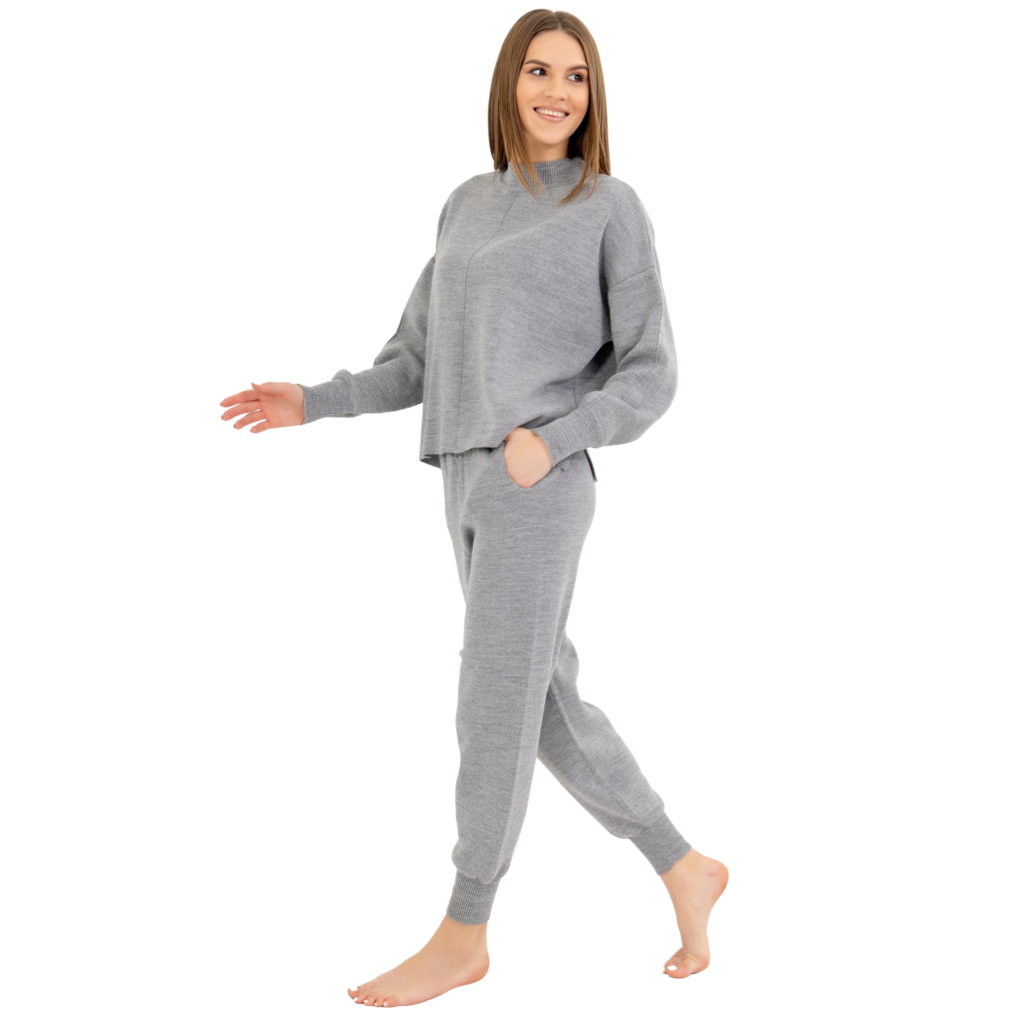 Grauer bequemer Zweiteiler, Loungewear, Einfarbiges Set, Frauen Bekleidung in Grau 