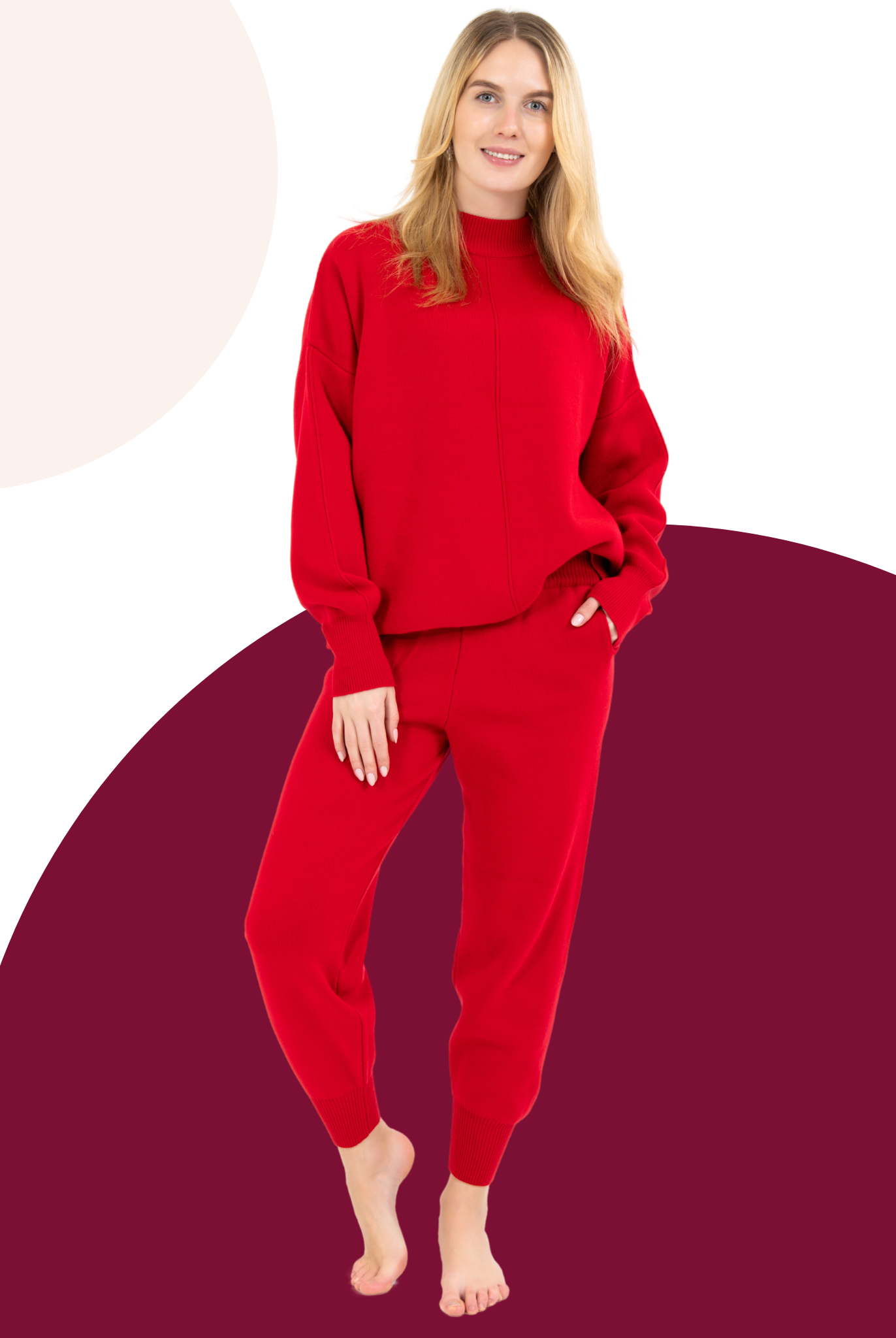 Rotes elgantes gemütliches Loungewear Set für Damen Frauen, Unterteil und Oberteil, Langarmig, einfarbies Outfit  