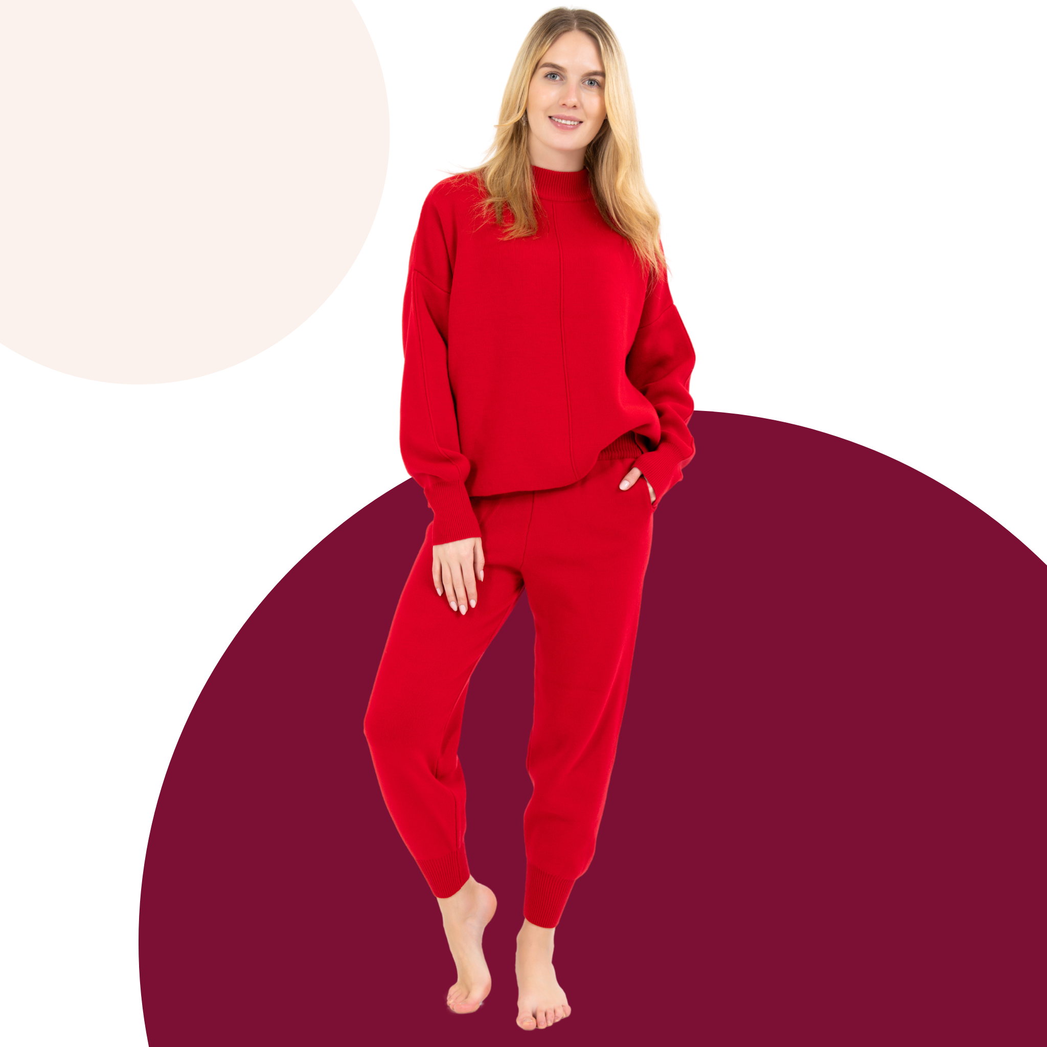 Rotes elgantes gemütliches Loungewear Set für Damen Frauen, Unterteil und Oberteil, Langarmig, einfarbies Outfit  